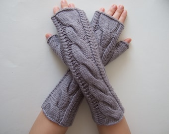 Knitted of 100 % soft MERINO wool. Light gray / violet fingerless gloves, fingerless mittens, wrist warmers. Handmade.Last one.