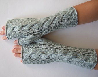 Knitted of 100 % soft MERINO wool. Light blue / greenish fingerless gloves, fingerless mittens, wrist warmers. Handmade.