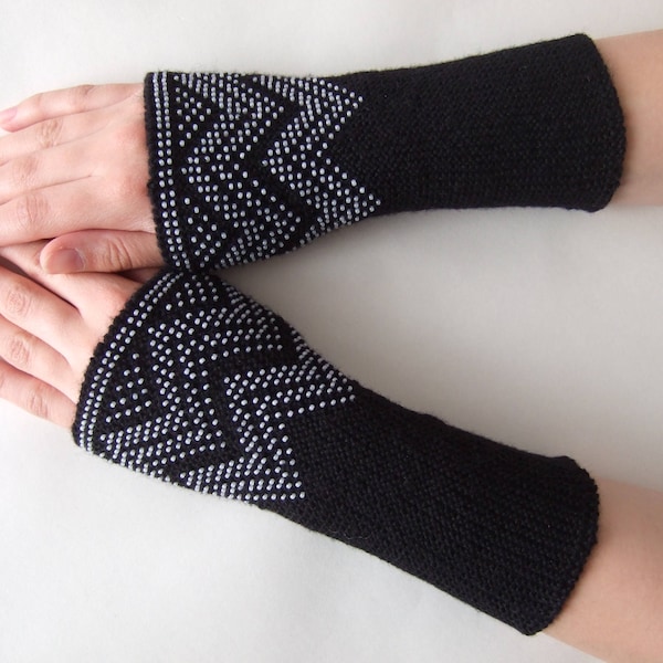 Soft and warm BEADED wrist warmers. Handmade, knitted of black ALPACA and blended WOOL with white (pearl) true glass Czech beads.