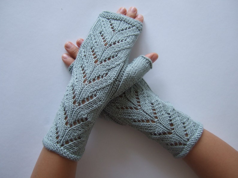 Knitted of 100 % MERINO wool. Light BLUE / GREENISH fingerless gloves, wrist warmers, fingerless mittens. Handmade. image 3