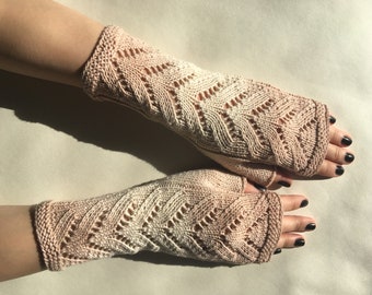 Knitted of 100% COTTON. Multicolor (light brown, white) fingerless gloves, fingerless mittens, wrist warmers. Suitable for VEGANS.