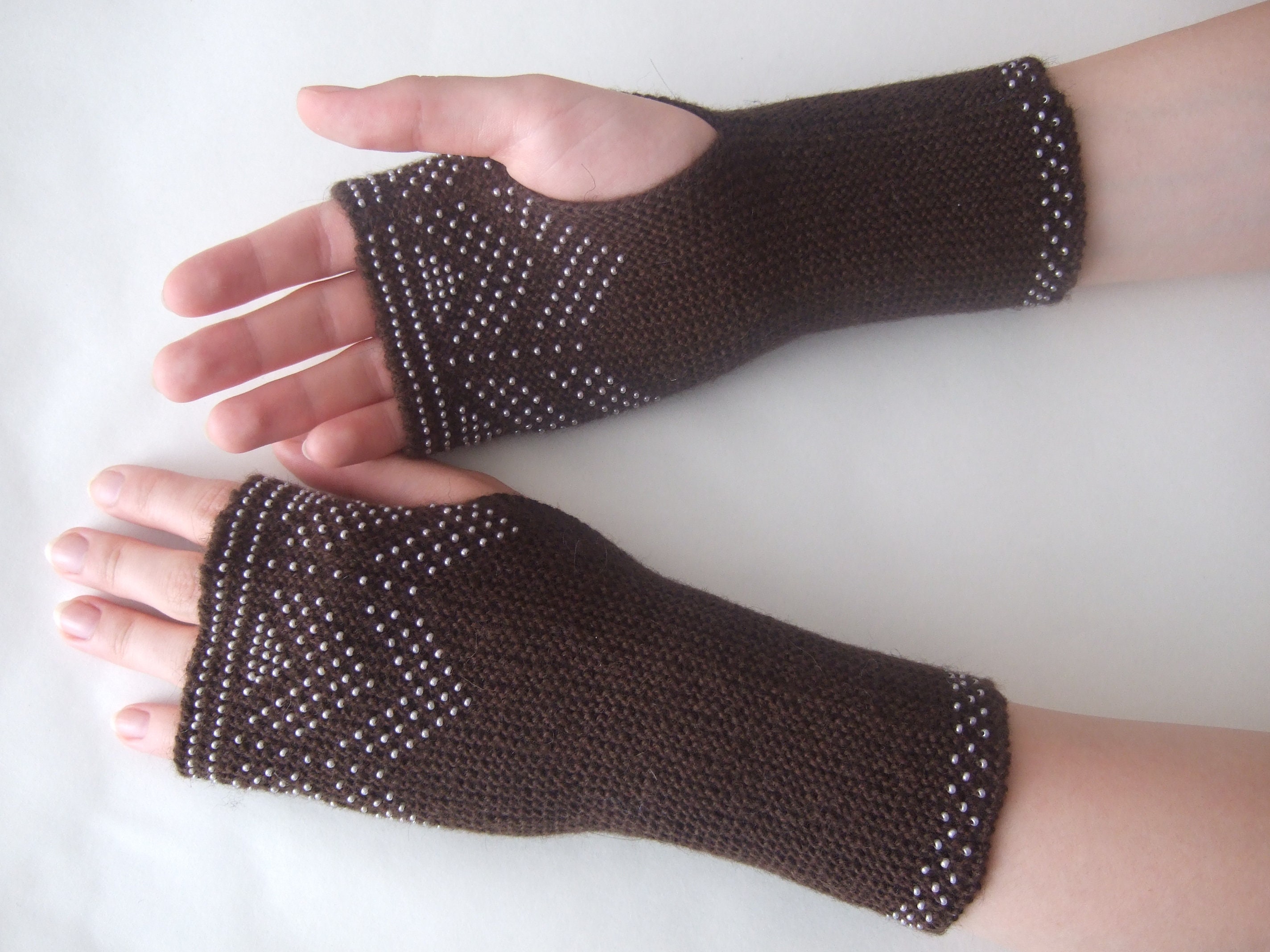 Beaded dark BROWN fingerless gloves wrist warmers fingerless Etsy 日本
