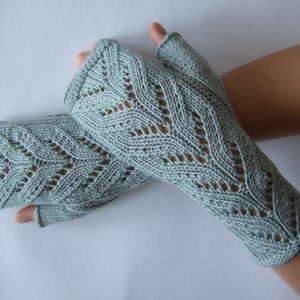Knitted of 100 % MERINO wool. Light BLUE / GREENISH fingerless gloves, wrist warmers, fingerless mittens. Handmade. image 5
