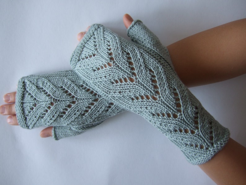 Knitted of 100 % MERINO wool. Light BLUE / GREENISH fingerless gloves, wrist warmers, fingerless mittens. Handmade. image 5