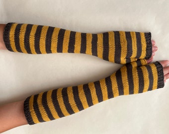 Suitable for VEGANS. Long stripped GRAY/YELLOW fingerless gloves, fingerless mittens, wrist warmers.Knitted of 100% cotton. Handmade.