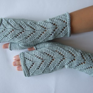 Knitted of 100 % MERINO wool. Light BLUE / GREENISH fingerless gloves, wrist warmers, fingerless mittens. Handmade. image 4