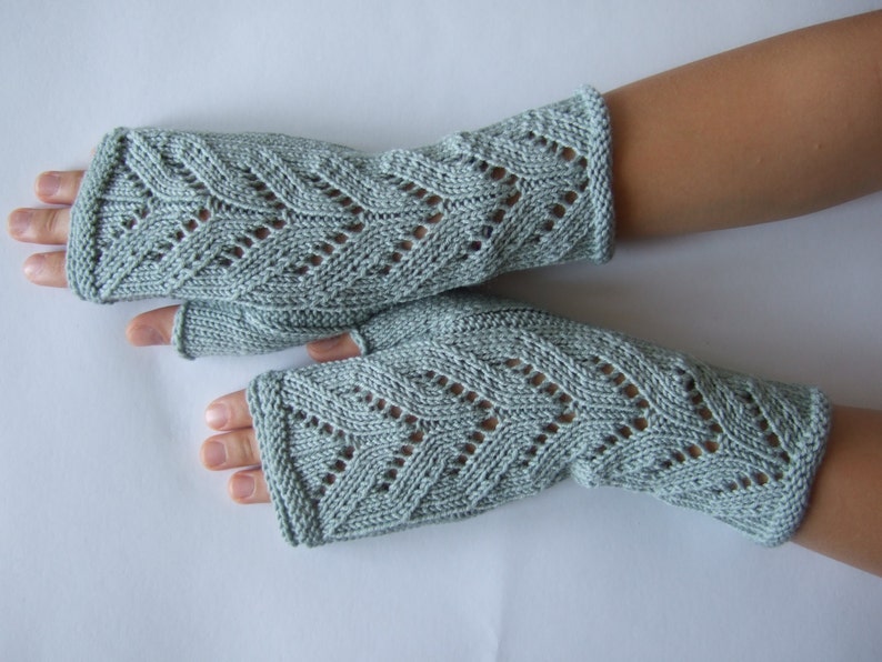Knitted of 100 % MERINO wool. Light BLUE / GREENISH fingerless gloves, wrist warmers, fingerless mittens. Handmade. image 4