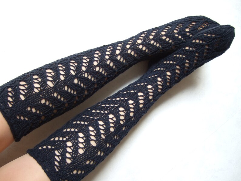 Handmade KNEE HIGH socks. Knitted of deep blue MERINO wool and acrylic. Long socks. Lace socks. image 3