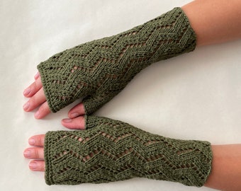 Knitted of CASHMERE and COTTON. Dark moss GREEN fingerless gloves, fingerless mittens, wrist warmers. Handmade.