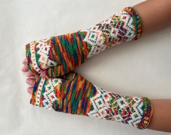 Patterned colorful fingerless gloves, fingerless mittens, wrist warmers. Knitted of WOOL and polyamide. COLORFUL mittens.