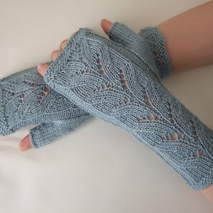 Knitted of SILK and super soft baby ALPACA wool. Light sea GREEN/blue fingerless gloves, wrist warmers, fingerless mittens. Thin gloves.