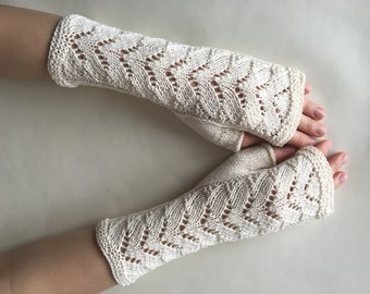 Suitable for VEGANS. Off white color fingerless gloves, fingerless mittens, wrist warmers. Handmade. Knitted of 100% COTTON.