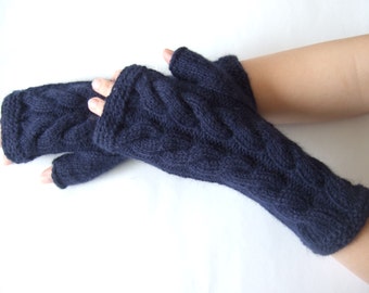 Knitted of  ANGORA and wool. Deep BLUE fingerless gloves, wrist warmers, fingerless mittens. HANDMADE.