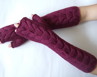 Knitted of ALPACA and WOOL. Soft and warm handmade deep RUBY fingerless gloves, wrist warmers, fingerless mittens. Pure wool. Cable gloves.