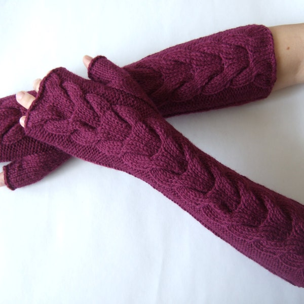 Knitted of ALPACA and WOOL. Soft and warm handmade deep RUBY fingerless gloves, wrist warmers, fingerless mittens. Pure wool. Cable gloves.