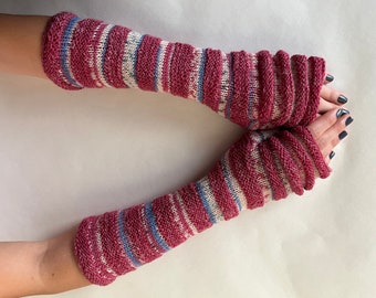 Handmade MULTICOLOR (red, blue, purple, white) fingerless gloves, wrist warmers, fingerless mittens. Knitted of ALPACA and thin WOOL.