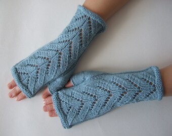 Knitted of 100 % MERINO wool. LIGHT BLUE fingerless gloves, wrist warmers, fingerless mittens. Handmade.