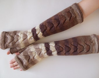 Handmade  brown ( multicolor ) fingerless gloves, wrist warmers, fingerless mittens. Knitted of pure WOOL.