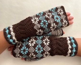 Knitted of baby ALPACA and Merino wool. Patterned colorful fingerless gloves, fingerless mittens, wrist warmers. Handmade knitted.