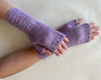 Knitted of CASHMERE and COTTON. Light PURPLE fingerless gloves, fingerless mittens, wrist warmers. Handmade.