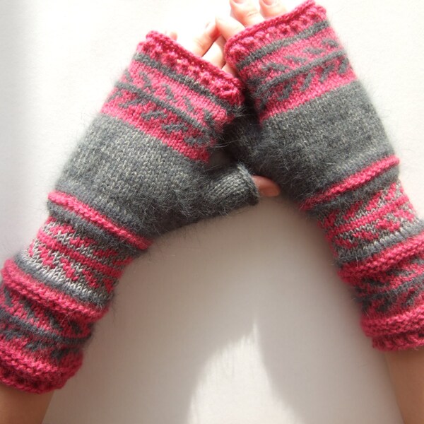 Patterned colorful fingerless gloves, fingerless mittens, wrist warmers. Especially soft and warm. Handmade, knitted of ANGORA, MERINO wool.