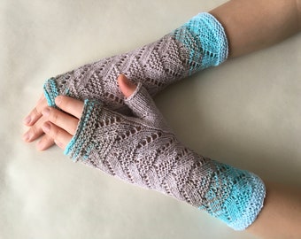 Suitable for VEGANS. Multicolor (turquoise, light brown) fingerless gloves, fingerless mittens, wrist warmers. Knitted of 100% COTTON