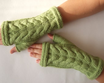 Knitted of 100 % super soft MERINO wool. Light GREEN fingerless gloves, wrist warmers, fingerless mittens. Handmade.