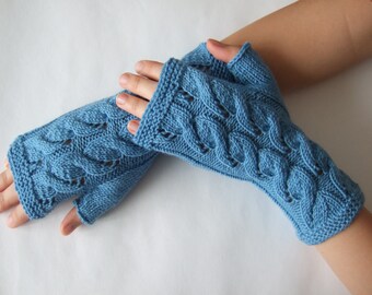 Knitted of 100 % MERINO wool. Sky BLUE fingerless gloves, wrist warmers, fingerless mittens. Handmade. CABLE gloves.