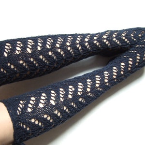 Handmade KNEE HIGH socks. Knitted of deep blue MERINO wool and acrylic. Long socks. Lace socks. image 1