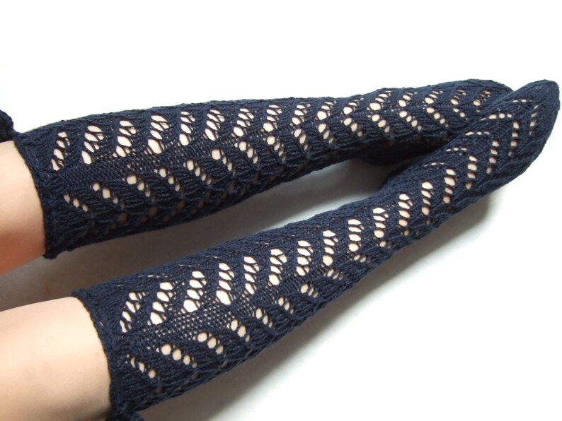 Handmade KNEE HIGH socks. Knitted of deep blue MERINO wool and acrylic. Long socks. Lace socks. image 1