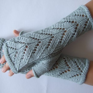 Knitted of 100 % MERINO wool. Light BLUE / GREENISH fingerless gloves, wrist warmers, fingerless mittens. Handmade. image 2