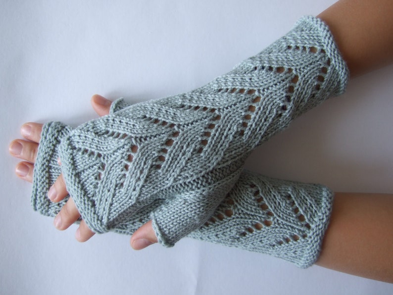 Knitted of 100 % MERINO wool. Light BLUE / GREENISH fingerless gloves, wrist warmers, fingerless mittens. Handmade. image 2