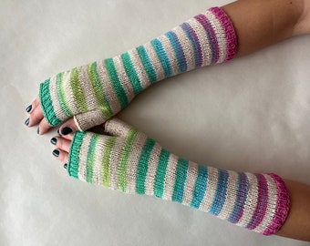 Knitted of 100% COTTON. Multicolour (cream, blue, green, pink) fingerless gloves, fingerless mittens, wrist warmers. Suitable for VEGANS.