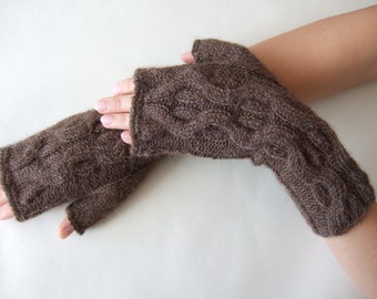 Knitted of 100 % soft ALPACA wool. BROWN fingerless gloves, fingerless mittens, wrist warmers. HANDMADE. Cable gloves.