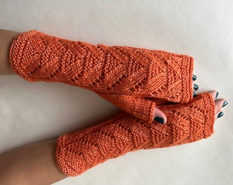 Knitted of SILK and super soft MERINO wool. ORANGE fingerless gloves, wrist warmers, fingerless mittens. Handmade gloves.