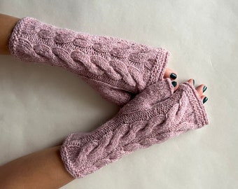 Knitted of ALPACA, MERINO wool and viscose. PINK tweed fingerless gloves, fingerless mittens, wrist warmers. Handmade gloves. Cable gloves