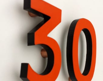 Coloured House numbers, Modern contemporary standoff floating 4"/100mm high in Antigoni font d