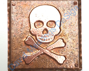 Skull and crossbones halloween pirate patinated or hammered copper plaque  4.2""/105mm square hg