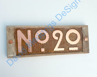 Mission Mackintosh Custom House plaque in copper,  oak frame with prefix No 2x 3"/75mm or 4"/100mm high numbers hg