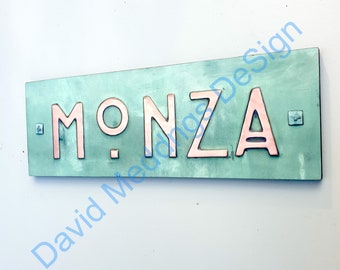 Upcycled Arts and Crafts House Address Plaque in Copper 2"/50mm high characters in  Mission/Mackintosh, plywood backed hgns