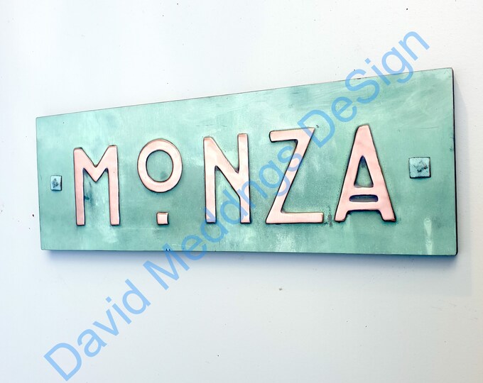 Upcycled Arts and Crafts House Address Plaque in Copper 2"/50mm high characters in  Mission/Mackintosh, plywood backed hgns