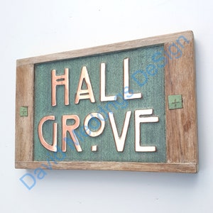 Arts and Crafts Copper house sign with oak frame in 4&quot;/100mm high letters on 1 or 2 lines Mackintosh style hug s