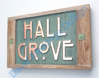 Arts and Crafts Copper house sign with oak frame in 4"/100mm high letters on 1 or 2 lines Mackintosh style hug s