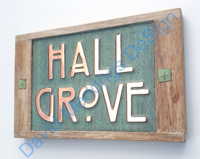 Arts and Crafts Copper house sign with oak frame in 4"/100mm high letters on 1 or 2 lines Mackintosj style Shp