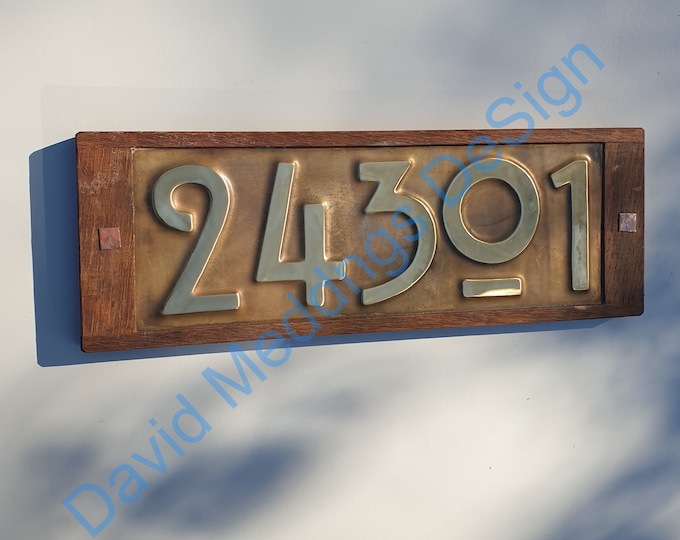 Brass and Oak framed  Mission Mackintosh Style address plaque 5x nos 3"/75mm or 4"/100mm high u