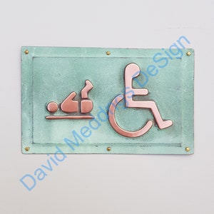 Copper Baby changing and Wheelchair user disabled toilet lavatory sign 4.2&quot;/105mm high in patinated or hammered finish hgs