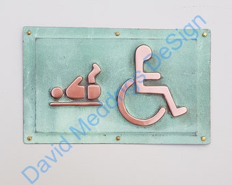 Copper Baby changing and Wheelchair user disabled toilet lavatory sign 4.2"/105mm high in patinated or hammered finish hg