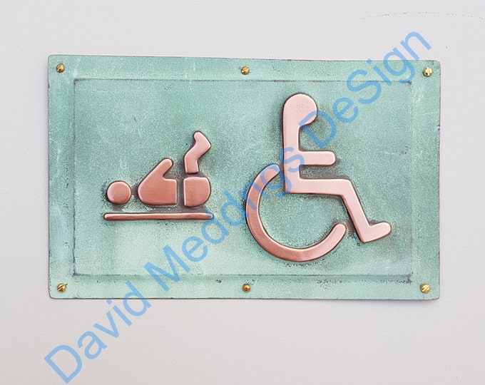 Copper Baby changing and Wheelchair user disabled toilet lavatory sign 4.2"/105mm high in patinated or hammered finish hug