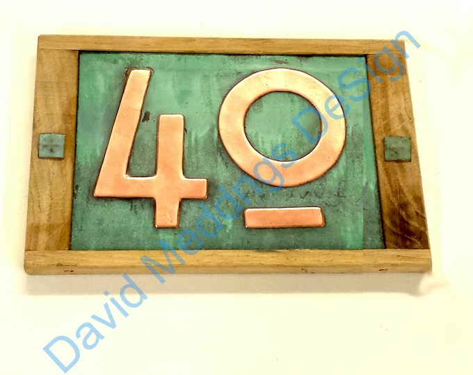 Copper address plaque in Mission Mackintosh style, Oak framed 2x nos 3"/75mm or 4"/100mm hg