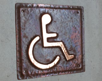 Wheelchair user disabled toilet lavatory sign door Plaque 4.2""/105mm square in patinated or hammered copper with fixings hgs